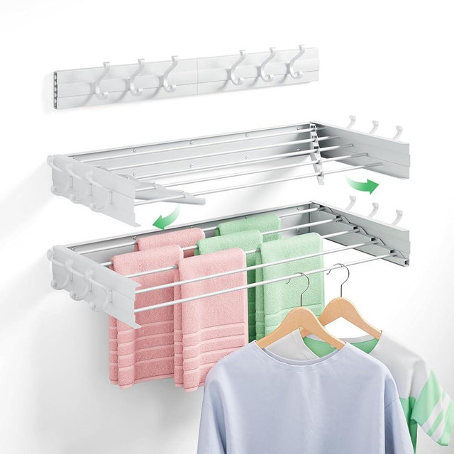 BAKON Wall-Mount-Clothes-Drying-Rack for Bathroom, Foldable-Drying-Rack-Clothing for Small Space, 31.5'' Laundry-Dry-Rack-Collapsible with 6 Hooks and 5 Poles for Living Room, Bedroom, White