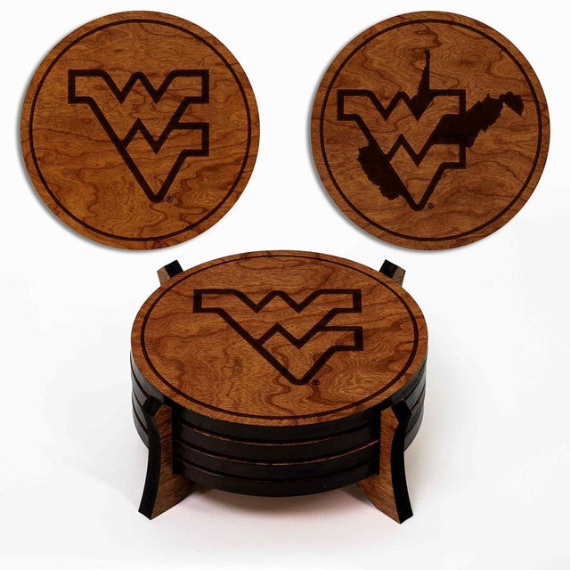 LazerEdge West Virginia Mountaineers Wooden Coaster Set - Cherry Wood - Officially Licensed Product - 4-Pack