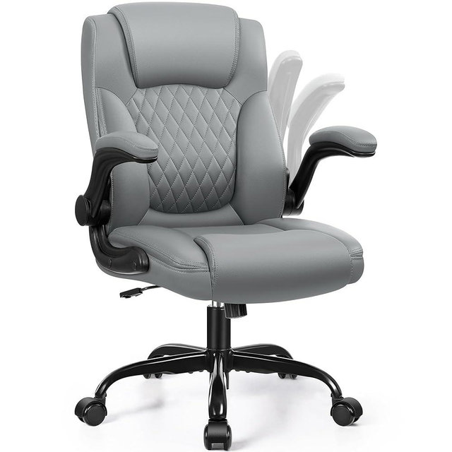 Leather Office Chair, PU Home Computer Desk Chairs with Ergonomic Back Support, 360°Swivel Free，Small Gmaing Chair with Wheels and Adjustable Armrests, for Short People Use, Gray