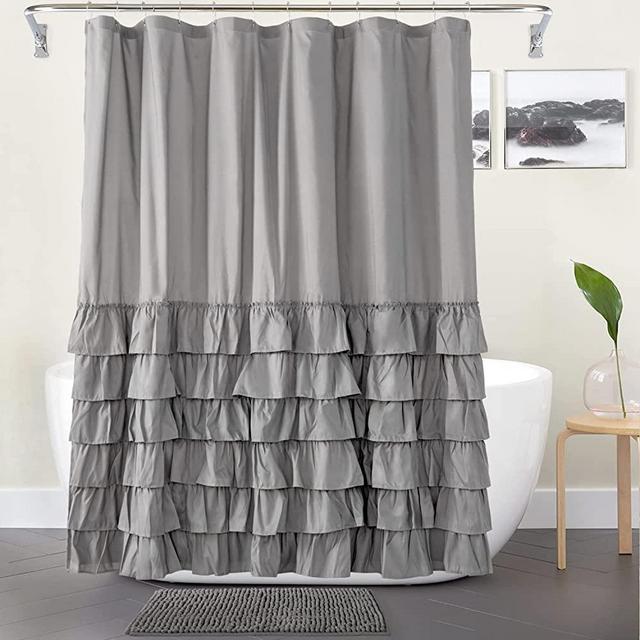 Pack of 2 Farmhouse Shower Curtain Grey Ruffle Shower Curtain Set with Rugs Vintage Bathroom Decor Shabby Chic with 12 Hooks 72 X 72 Inches