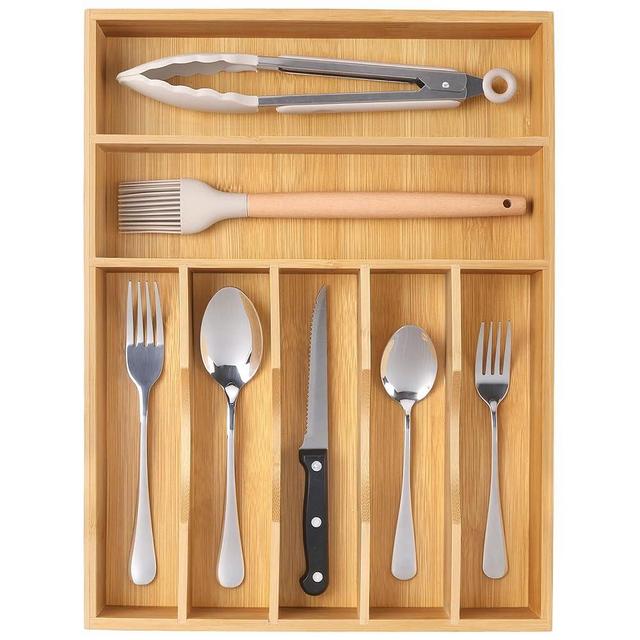 oridom Kitchen Bamboo Silverware Organizer, Kitchen Drawer Organizer - Utensil Holder and Cutlery Tray with Grooved Drawer Dividers for Flatware 7 Slot, Natural