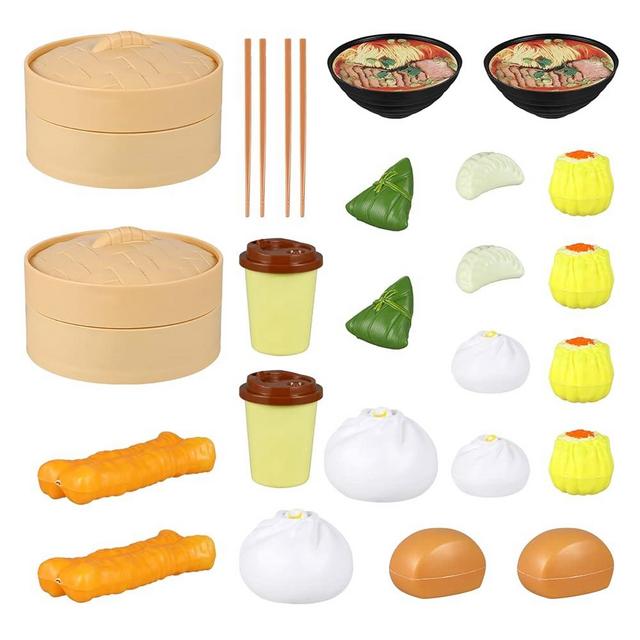 Ipetboom 26Pcs Kids Kitchen Playset Pretend Cooking Breakfast Food Fake Food for Toddler&Baby Chinese Breakfast Steamed Food Toy Asia Dim Sum Toy Set Food Playset