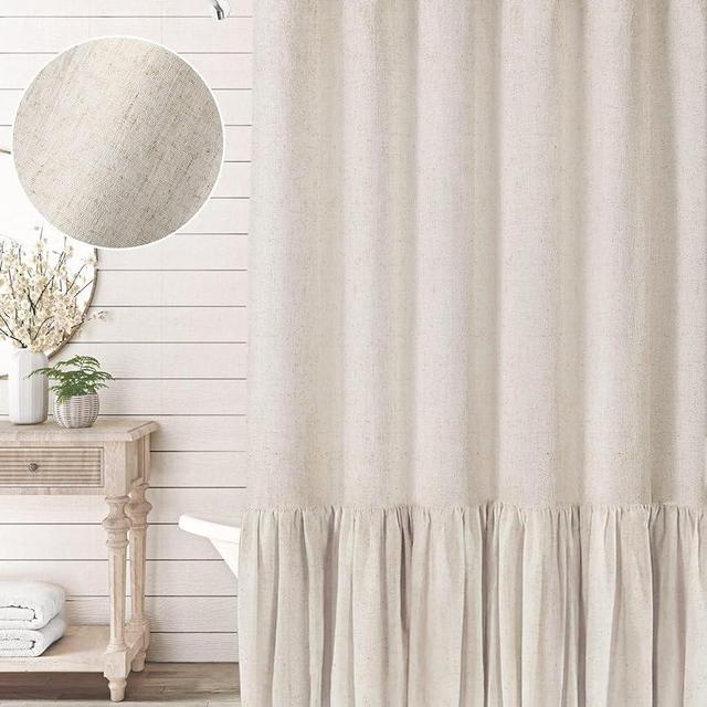 Extra Long Shower Curtain 96 Inch Length Farmhouse Beige Shower Curtain with A Ruffle Hem Linen Blend Shower Curtain for Bathroom Natural