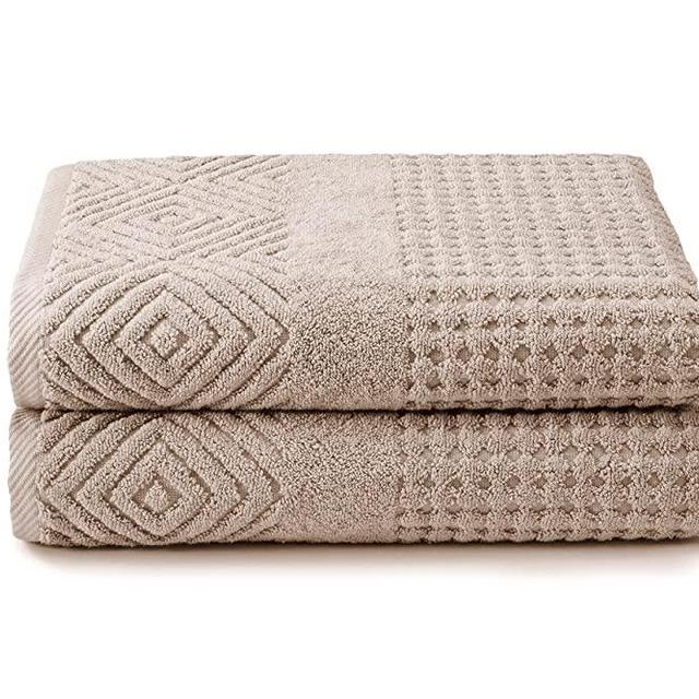 Texere 100% Organic Cotton Diamond Jacquard 700 GSM Luxury Bath Towel Sets - Ultra Soft and Absorbent Hotel and Spa Quality (Diamond, Oxford Tan, 2 Bath Towels)