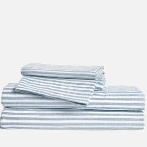 Washed European Linen Core Sheet Set, Color- Oxford Stripe in Storm Chambray, size: king
