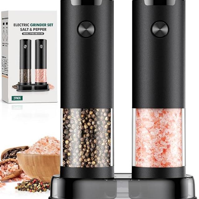 Electric Salt and Pepper Grinder Set Automatic Battery Pepper Mill Shakers Adjustable Coarseness Easy Filling Upgraded Larger Capacity with Led (2 Pack Black/Black）