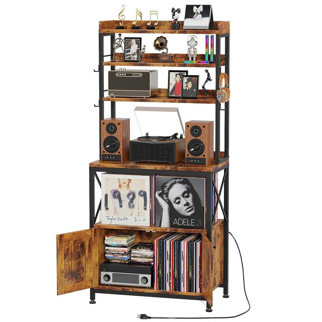 EasyCom Record Player Stand with Vinyl Storage, Turntable Stand Holds Up to 300 Albums, Large Vinyl Record Holder with Charge Station, Vinyl Record Shelf for