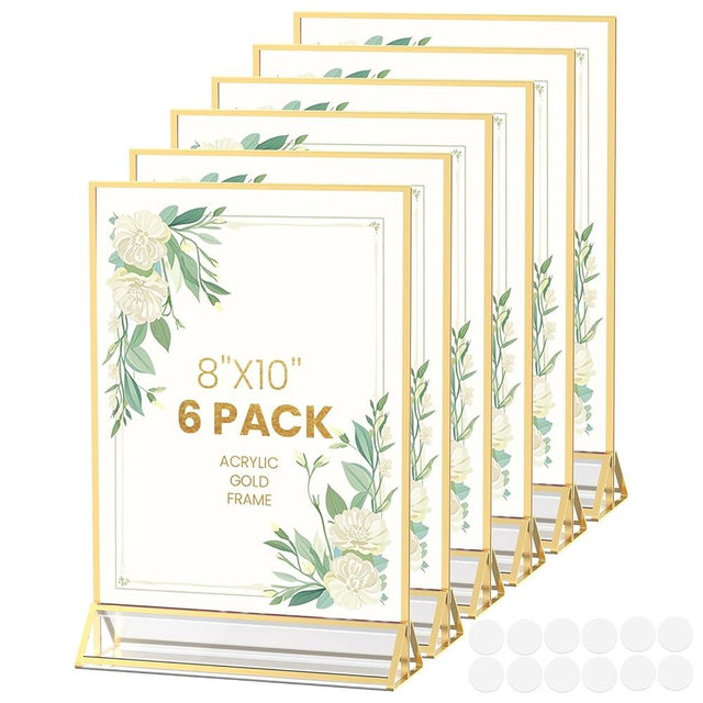 YOAEAILY Gold Frames 8X10 Acrylic Sign Holder Double-Sided Picture Frames for Menu Holder Wedding Table Number Holder Christmas Photo Frames with Non-Marking Round Stickers -6 Pack