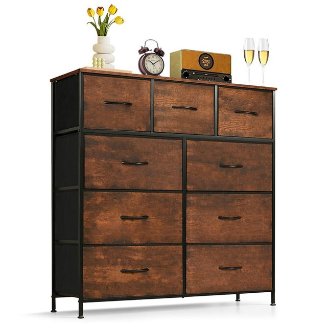 9-Drawer Dresser for Bedroom, Anti-Tip Tall Storage Organizer Chest of Drawers with Wooden Top and Metal Frame Fabric Bins for Closet, Living Room, Hallway, Entryway, Brown