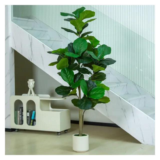 6FT Artificial Fiddle Leaf Fig Tree with White Planter Pot Natural Trunk Realistic Leaves Lifelike Faux Floor Plant For Home House Office Decor Indoor