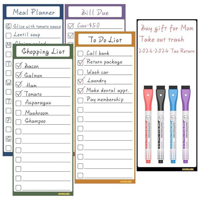 Magnetic Dry Erase White Board - Fridge Whiteboard for to Do List, Daily Menu Board, Dinner Meal Planner, Chore Chart - Grocery Shopping List Scheduled for Fefrigerator with 4 Markers - 4"x10"