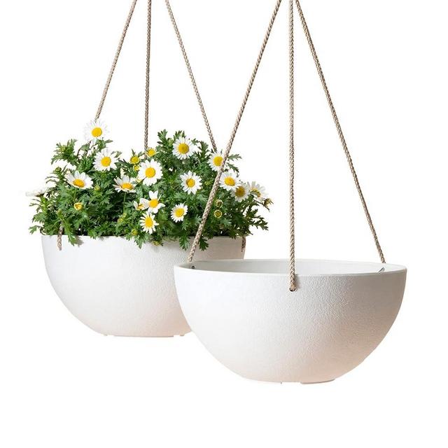 LA JOLIE MUSE White Hanging Planter Basket - 10 Inch Indoor Outdoor Flower Pots, Plant Containers with Drainage Hole, Plant Pot for Hanging Plants, Pack 2