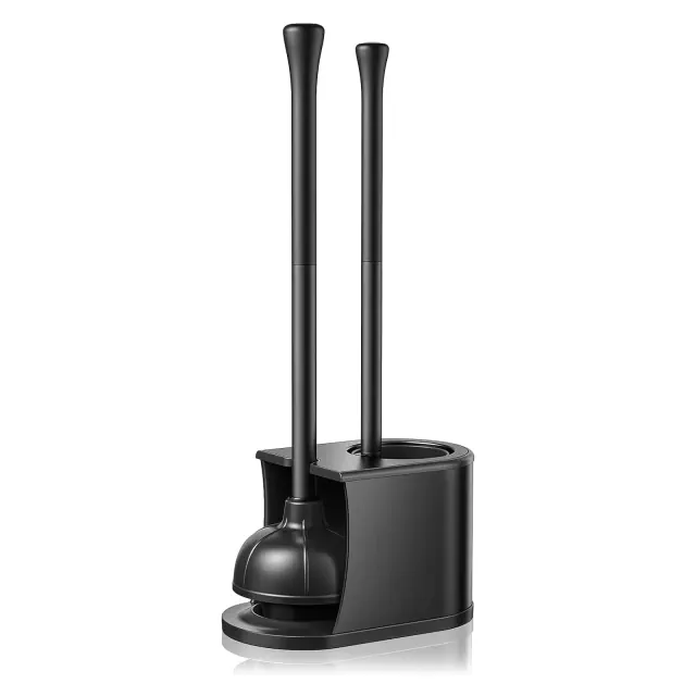 HAMITOR Toilet Plunger and Brush Set: 2 in 1 Stainless Steel Combo with Curved Bristles - Heavy Duty Toilet Unclogging for Family Bathroom