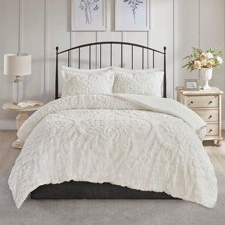 Madison Park Aeriela Tufted Cotton Chenille Damask Comforter Set - White - Full - Queen