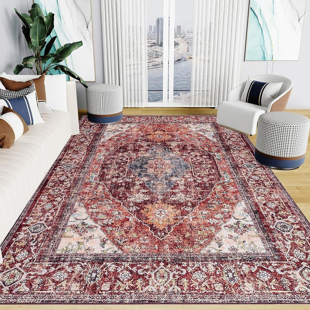 WARM HAVEN Boho Area Rug: 5x7 Low-Pile Distressed Rug - Vintage Rug for Living Room Kitchen & Bedroom Burgundy…