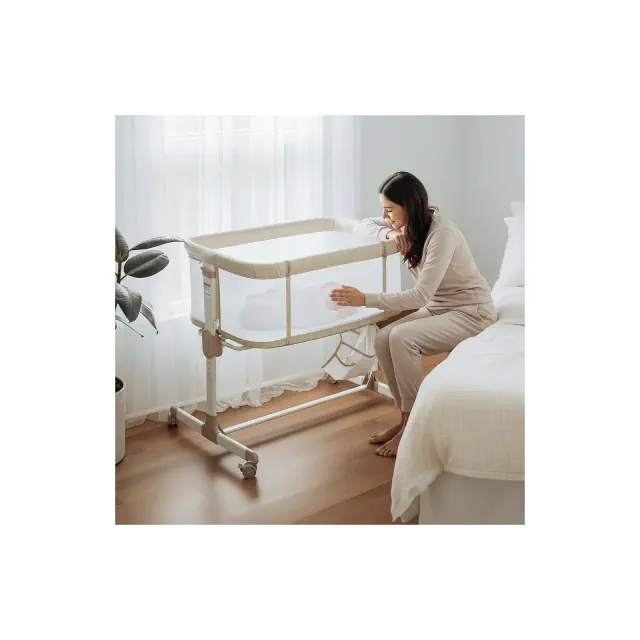 Fodoss All Mesh Bedside Bassinet for Baby, Bedside Sleeper with Wheels, 7-Position Height Adjustable Infant Bassinet, Beige