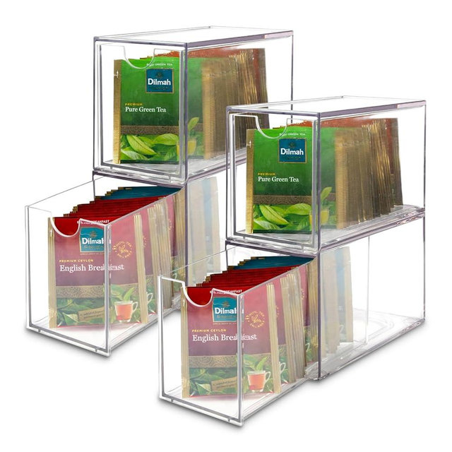 Ettrick 4 Pack Stackable Tea Bag Organizer, Clear Acrylic Tea Bag Drawer for Drawer, Pantry, Kitchen, Cabinet, Countertop