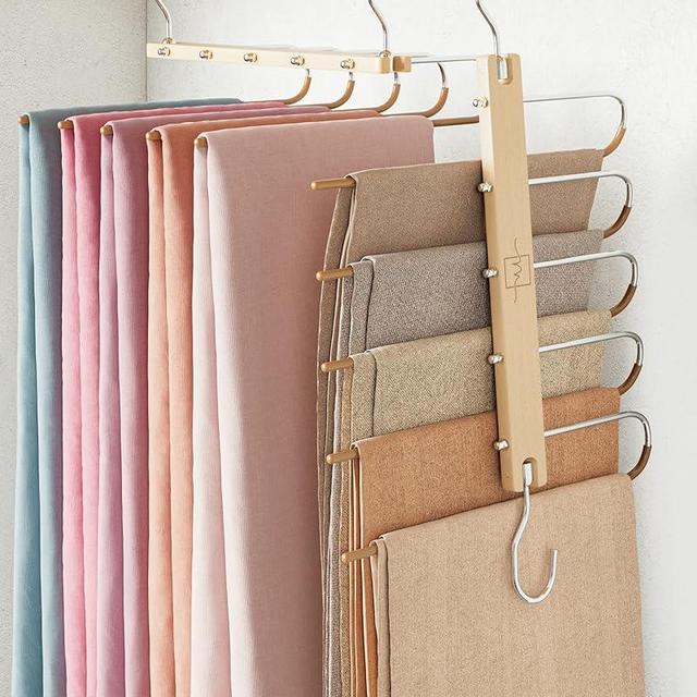 MORALVE Pants Hangers Space Saving - 4 Pack European Beechwood Scarf and Jean Hangers - Closet Organizer and Space Saver Pant Rack, Leggings Hanger, and Scarf Holder with 360° Swivel Hook