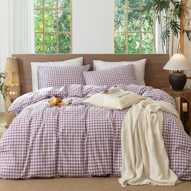 MooMee Gingham Duvet Cover Set 100% Washed Cotton Linen Like Textured Breathable Durable Soft Comfy Modern Checkered Design (Classic Gingham Light Purple, King 104"x90")
