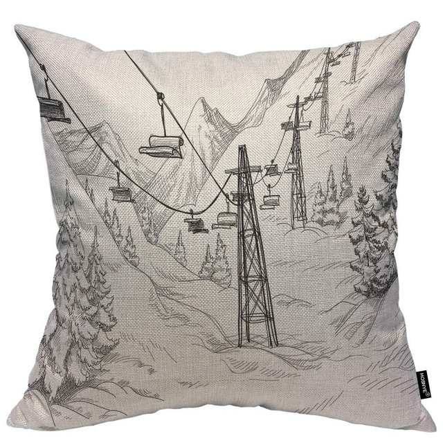 HOSNYE Mountain Ski Lift Throw Pillow Cushion CoversSketch White Wintertime Snow Landscape Resort Decorative Square Accent Pillow Case 18 x18 inch