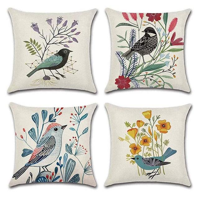 Jasfura Set of 4 Spring Floral Throw Pillow Covers 18x18 Inch Farmhouse Decorative Couch Pillow Cases Cotton Linen Case Square Cushion Covers for Living Room, Bed, Sofa and Car (Birds)