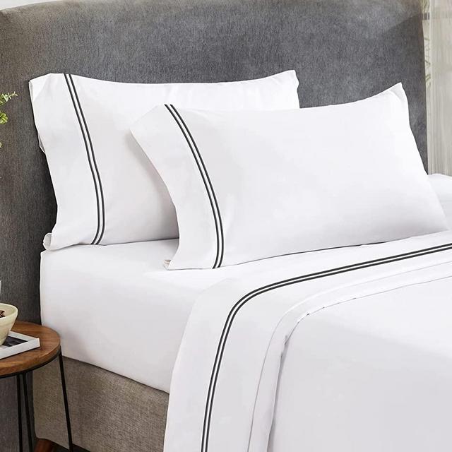 California Design Den Luxury 600 Thread Count 100% Cotton King Size Double Marrow Hem Sheet Set, Soft, Smooth & Crisp, 4Pc Marrow Embroidery Bed Sheets Set with Deep Pockets (King, White/Gray)