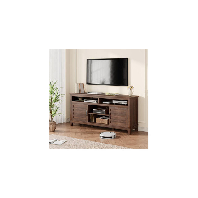 Acekool Modern TV Stand for 65 Inch TV, Semi-Open Double Door Cabinet with Adjustable Shelves, 8 Storage Compartments, Brown