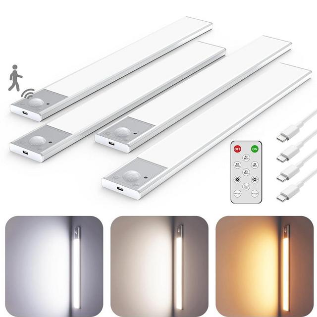 Motion Sensor Under Cabinet Lighting with Remote Control, Dimmable LED Closet Lights, Magnetic Under Counter Lights for Kitchen, Rechargeable Battery Motion Sensor Light Indoor [4 Pack]