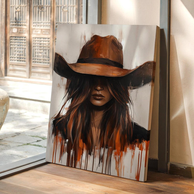 Western Cowgirl Canvas Wall Art - Brunette Dripping Paint Portrait - Rustic Country Girl Modern Rodeo Farmhouse Wall Decor