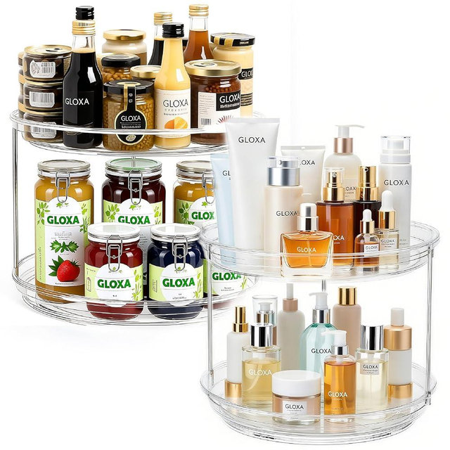 GLOXA 2 Tier Lazy Susan Turntable Organizer for Cabinet, 9.25'' Rotating Spice Rack Organization for Kitchen, Pantry, Bathroom, Vanity, Countertop, Medicine Storage, Seasoning Spice Organizer, 2 Pack