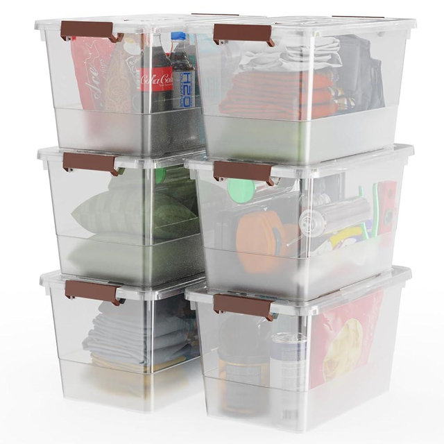 WYT 32 Qt Plastic Clear Storage Bin with Durable Lids and Latching Buckle, 6-Pack Tote Organizing Box Stackable and Nestable
