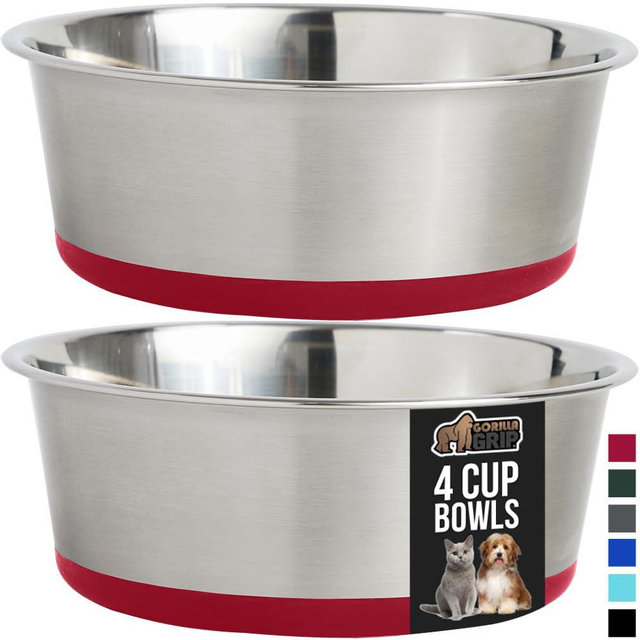 GORILLA GRIP Set of 2 Dog Bowls, Holds 4 Cups (32 fl oz), Heavy Duty Metal Food and Water Bowl for Feeding Dogs and Cats, Dishwasher Safe, Rust Resistant Stainless Steel, BPA Free Rubber Base, Red
