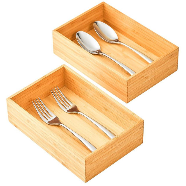Umilife Bamboo Kitchen Drawer Organizer, Extra High Silverware Tray, Flatware Cutlery Storage Box, Multi-Use Holder in Office, Bathroom, Pantry - 9"x6"x2.5" (Set of 2)
