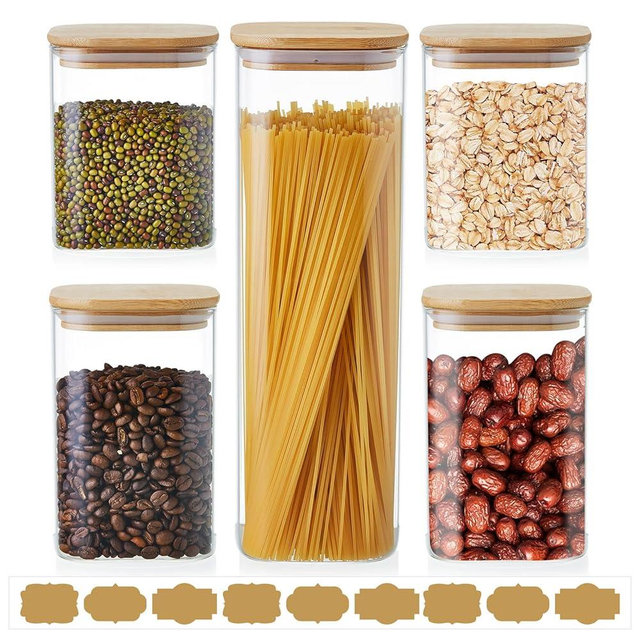 Unbreakable Glass Jars with Airtight Bamboo Lids Set of 5, Overnight Oats Containers, Square Glass Canisters, Glass Food Storage Containers for Pasta, Cereal, Flour, Sugar, for Kitchen & Pantry