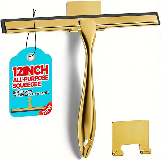 ALFLOD 12-Inch Golden All-Purpose Shower Squeegee for Shower Doors, Tile Shower Walls, Bathroom, Window, Glass and Car Windshield, Mirrors and Kitchen-Stainless Steel