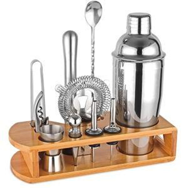 Cocktail Shaker Set Bartender Kit : 12-Piece Bar Tool Set with Bamboo Stand | Bar Set with All Practical Bar Accessories, for Drink Mixing, Bar, Home, Lounge & Party (Silver)