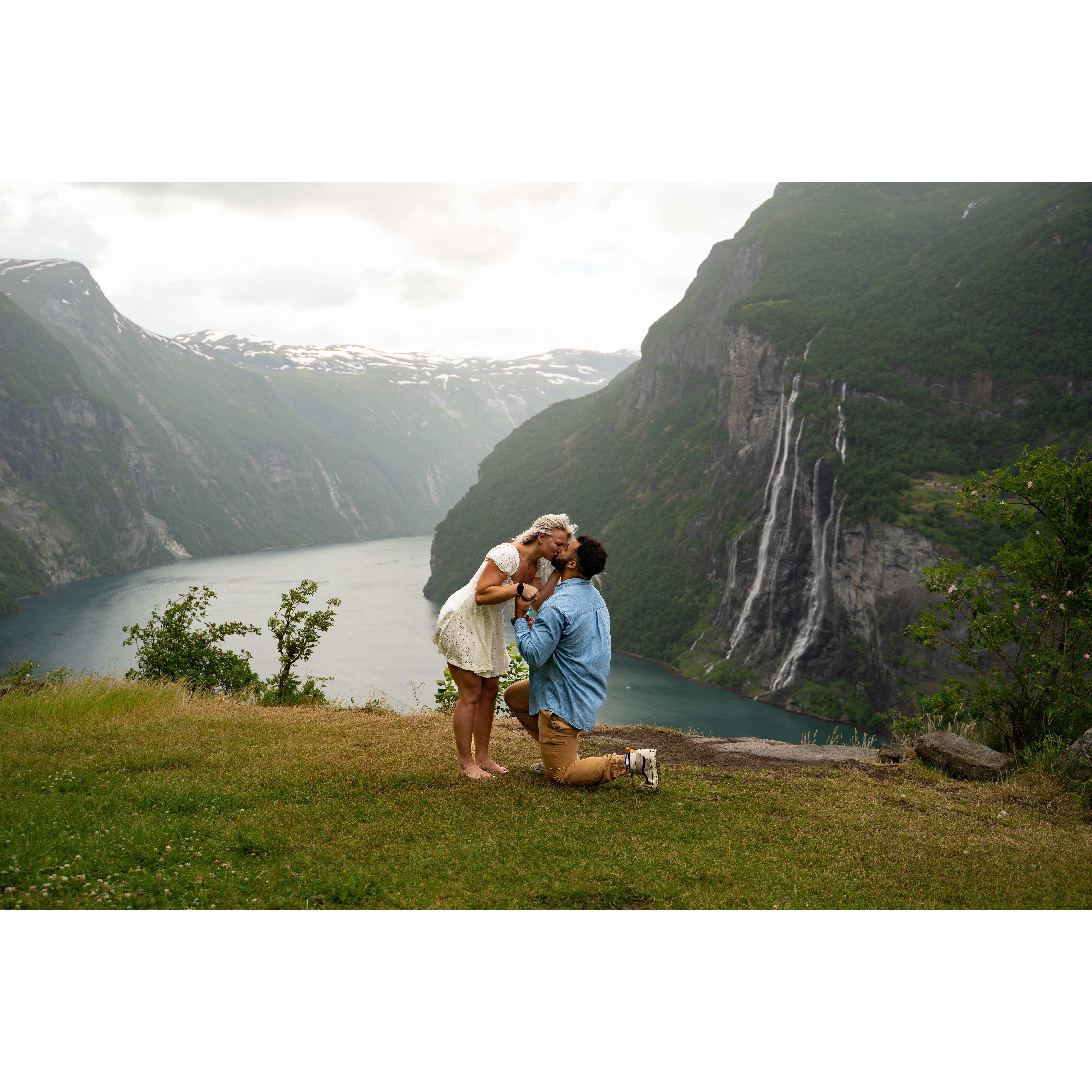 We set up our camera to get some nice pictures of us at Skageflå Farm and Alec surprised me with proposing at this picture perfect spot.