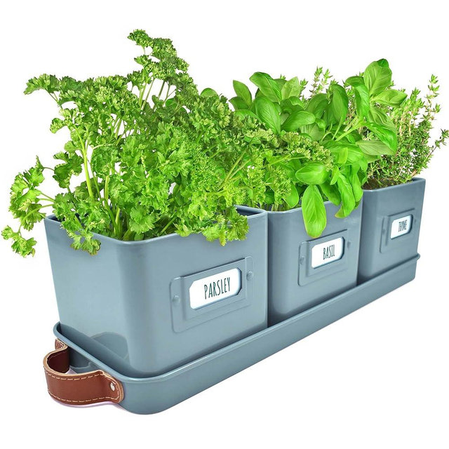 volila Herb Planter Indoor - Set of 3 Teal Blue Herb Pots for Indoor Plants with Leather Handled Tray - Ideal for Window Garden, Plants, and Flowers - Plant Pots with Drainage Holes and Labels