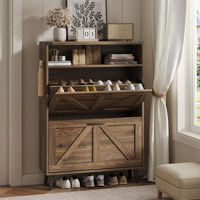 Shoe Cabinet with 2 Flip Drawers,Shoe Storage Cabinet for Entryway,Freestanding Shoe Cabinet Organizer with Open Storage,Narrow Farmhouse Shoe Rack with Legs,Dark Walnut