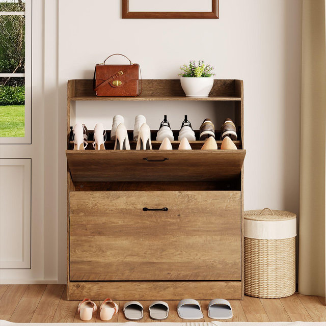 GARPROVM Farmhouse Wood Shoe Cabinet with 2 Flip Doors & Removable Shelves Entryway Shoe Storage