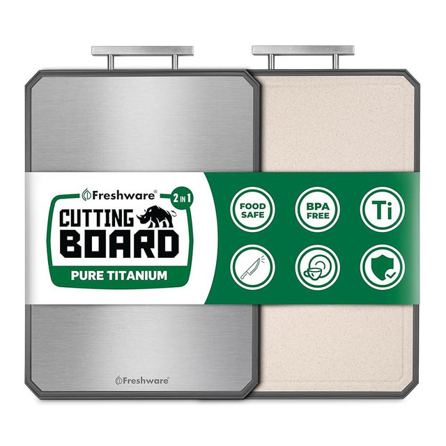 Freshware Titanium Cutting Board for Kitchen, Doble Sided and Non Slip Cutting Boards with Handle, Pure Titanium/PP, Chopping Board with Juice Grooves, Dishwasher Safe, Large 16.2" by 11"