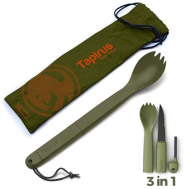 Tapirus Spork Tactical Green | BPA Free Spoon Fork, Stainless Steel Knife and Fire Starter | 3 in 1 multipurpose utensil | Outdoor hiking, camping & backpacking gear | Fit for MRE