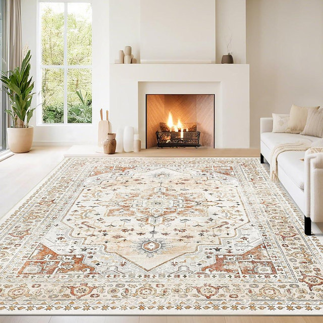 Srugn Washable Rugs 8x10 Area Rugs for Living Room,Rugs for Bedroom,Large Carpets,Ultra Soft Faux Wool Retro Dining Room Rug,Non Slip&Non-Shedding Low Pile Vintage Print Rug for Home Office,Orange