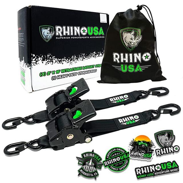 Rhino USA Retractable Ratchet Tie Down Straps (2PK) - 3,033lb Guaranteed Max Break Strength, Includes (2) Ultimate 2" x 10' Autoretract Tie Downs with Padded Handles
