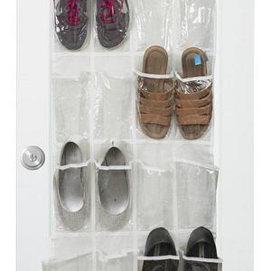 Vinyl Over the Door Shoe Organizer with 24 Reinforced Pockets. Organize your shoes with this shoe rack over the door organizer and save space. Hang on standard doors with 3 steel over the door hooks.