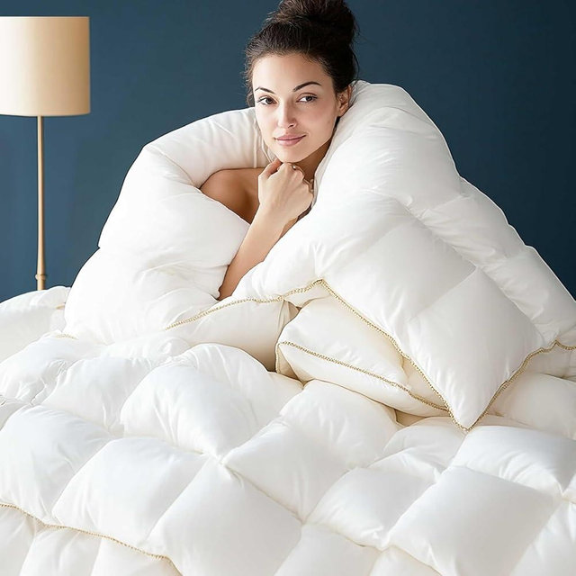 Puffy Feather Comforter Queen Size, All Season Duvet Insert Feather Downfiber Filled, 100% Cotton Luxury Hotel Collection, 4 Corner Loops, Gold Piping