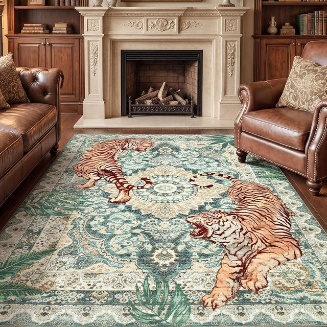 chakme Tiger Area Rug 5x7 Vintage Boho Area Rug for Living Room Soft Non Slip Washable Rug Stain Resistant Indoor Botanical Animal Carpet for Bedroom, Dining Room, Office, Sage Amber