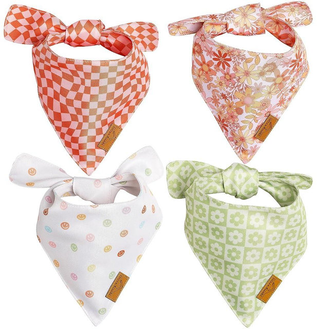 Remy+Roo Small Spring Dog Bandanas - 4 Pack Daisy Set | Premium Durable Adjustable Polyester Fabric | Patented Shape Girl Dog Bandana, Floral Dog Bandana