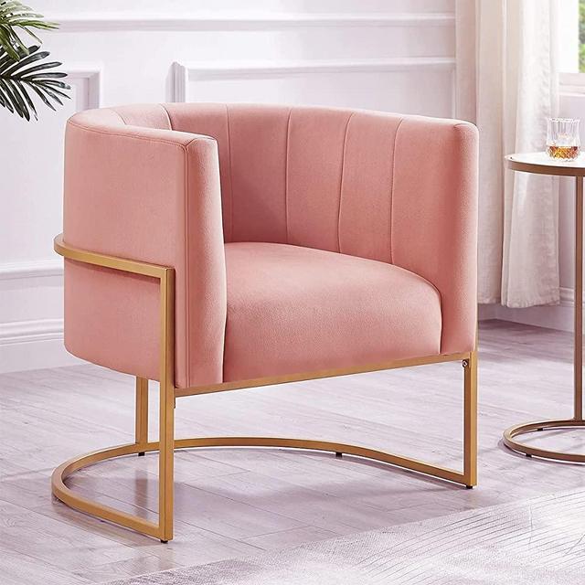 24KF Upholstered Living Room Chairs Modern Blush Textured Velvet Upholstered Accent Chair with Golden Metal Stand-Blush