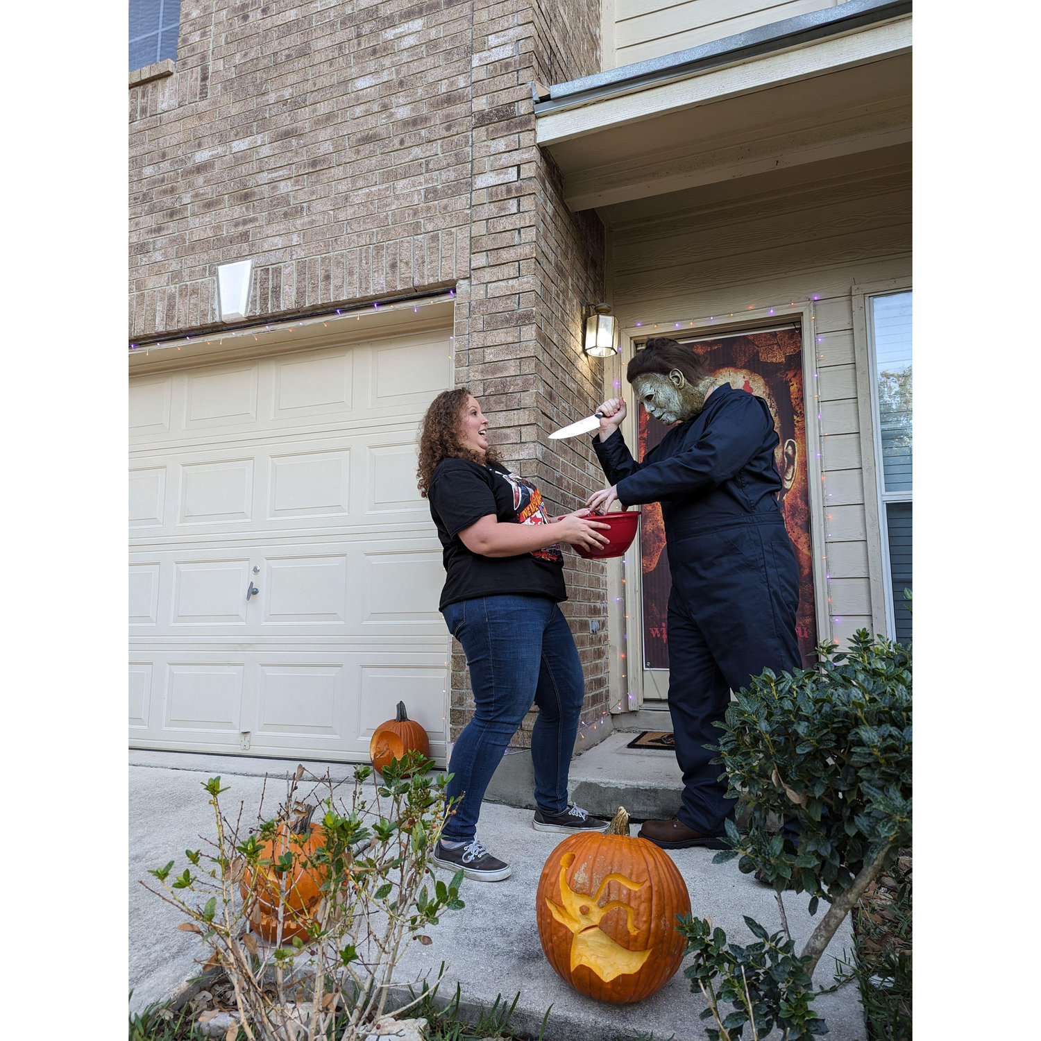 First time handing out candy together, and my future might end right here...
JK! It's Josh in the Michael Meyers costume, and I'm still alive and well.
Halloween, October 2023